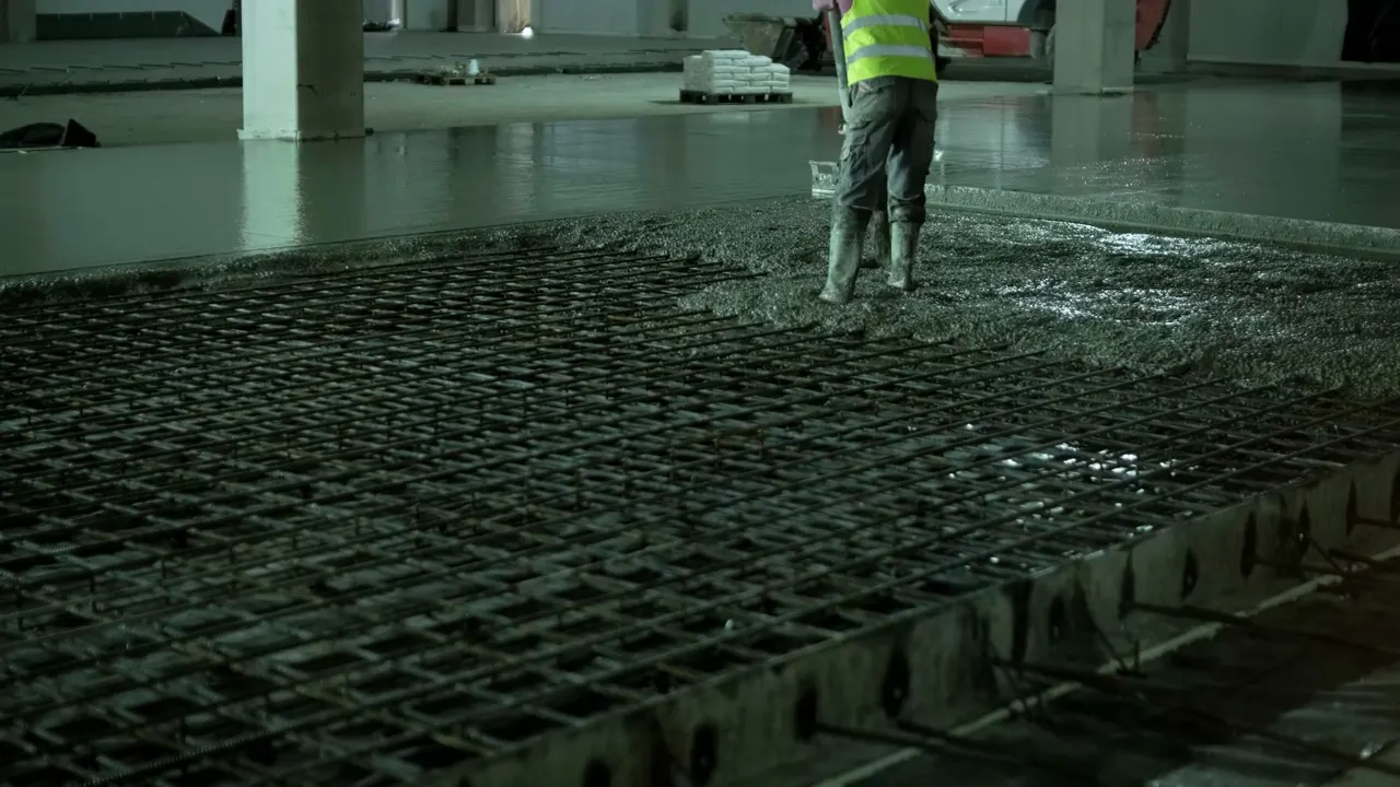 Reinforcing mesh laid across a slab, before the pour.