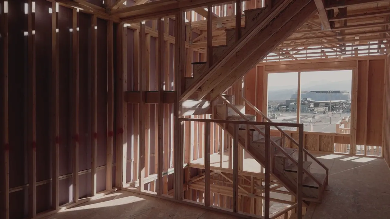 Two storeys of timber framing with the stair in place, before lining.